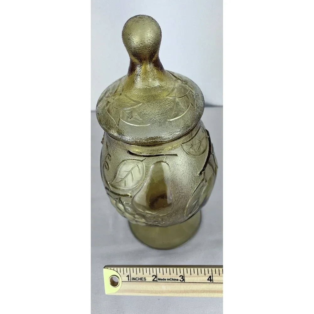 Vintage Mid Century Modern Amber Italian Empoli Fruit Motif Apothecary Jar W/Lid